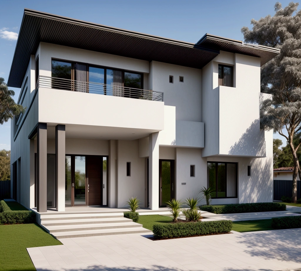 CRU photo,work of art, high qualiy, best qualityer, authentic, super detaill, plein-air, front-facing, villa seen from the front, vista front-facing, single storey villaXL, aiai group, modern house style on the street, front house, visão front-facing, entrada com gramdo, elegant and minimalist facade, pavement, gram, Trees, sky, nube, (Day Light:1.1)