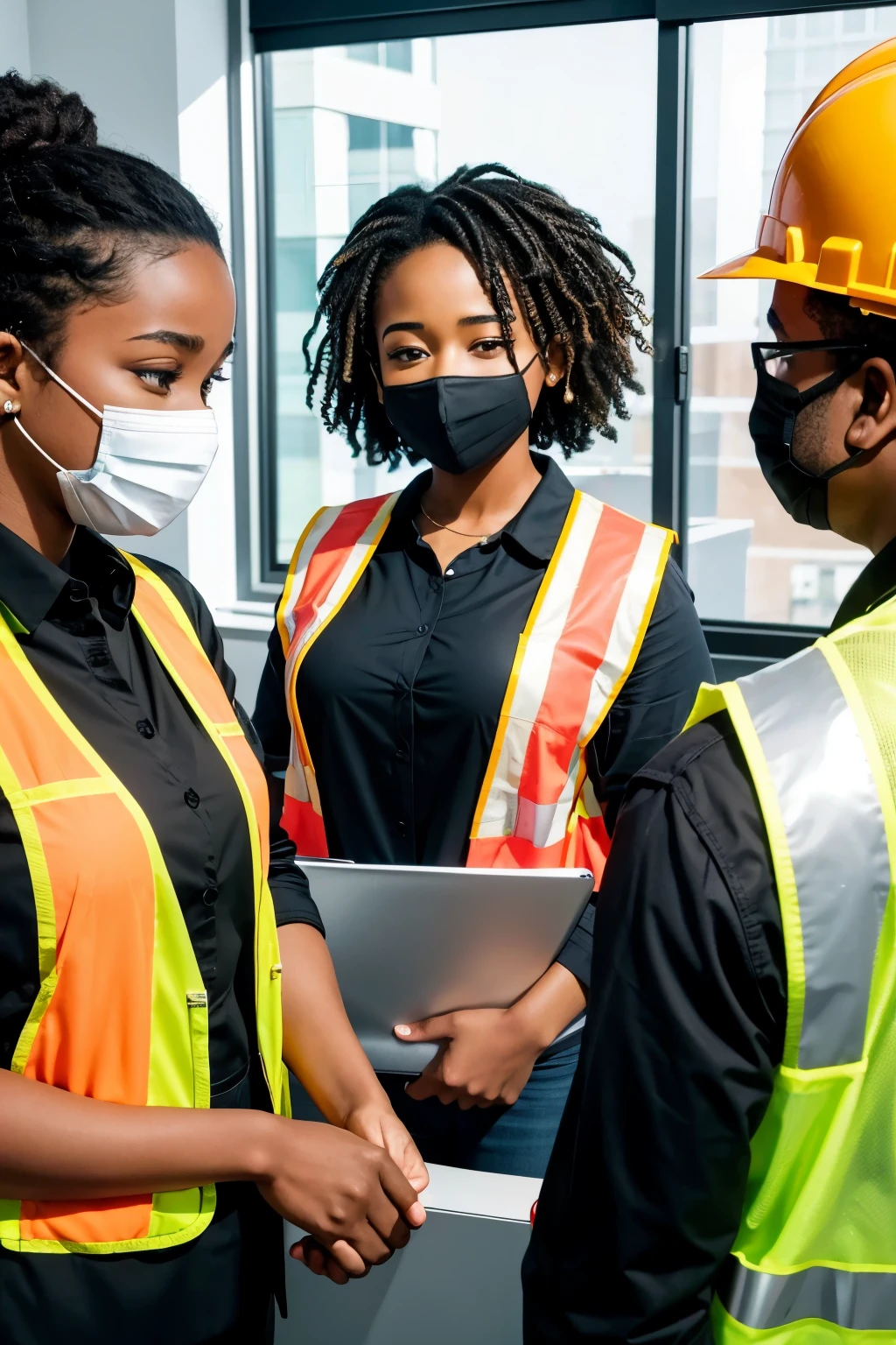 Imagine a scene in a workplace where Black employees are demonstrating self-discipline by practicing safety measures in daily conversation.. Represent a group of engaged and diverse people, wearing personal protective equipment, discussing collaboratively about the safety procedures to be followed. Highlight the responsible and proactive attitude of employees in ensuring a safe work environment.