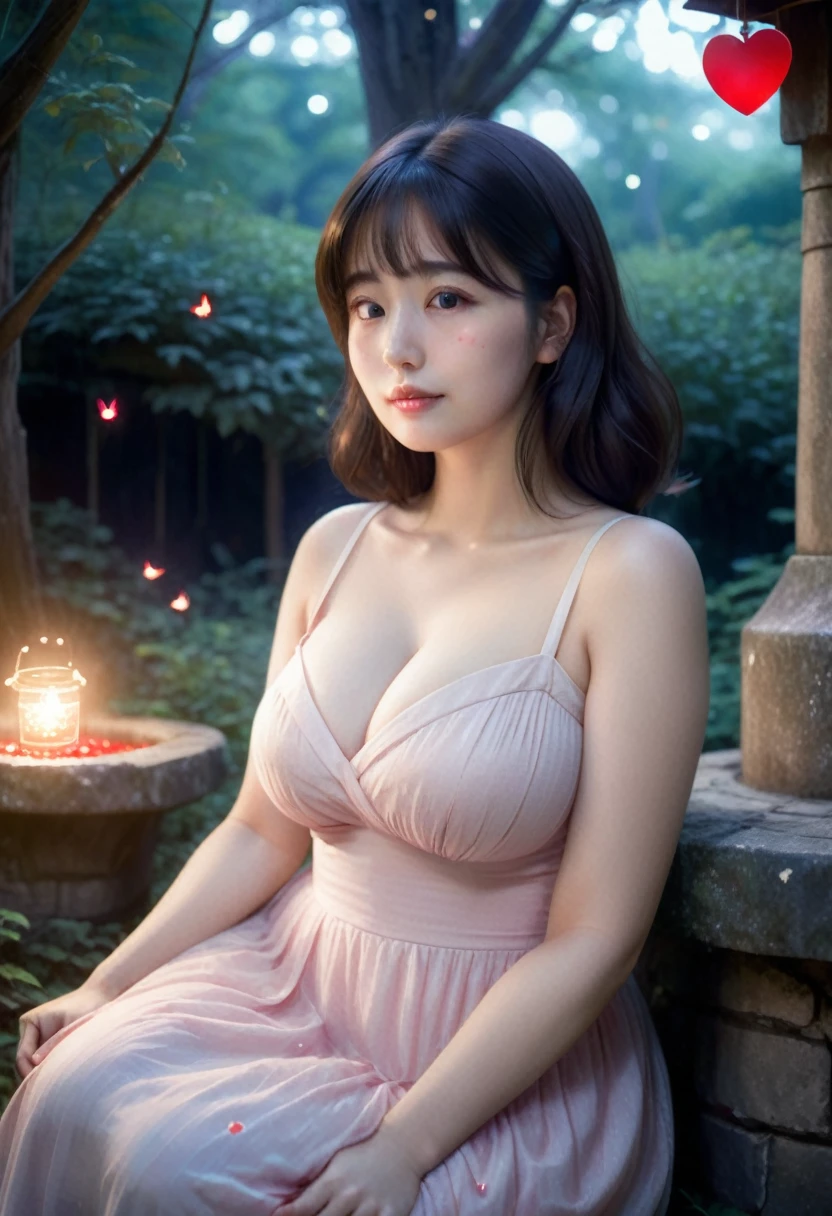 In a moonlit forest, a busty lofi girl with colossal breasts in a dress sits by a wishing well, her sad face illuminated by glowing fireflies. She holds a glass with a luminous red heart, gazing at the camera with a poignant expression, surrounded by soft, ethereal light