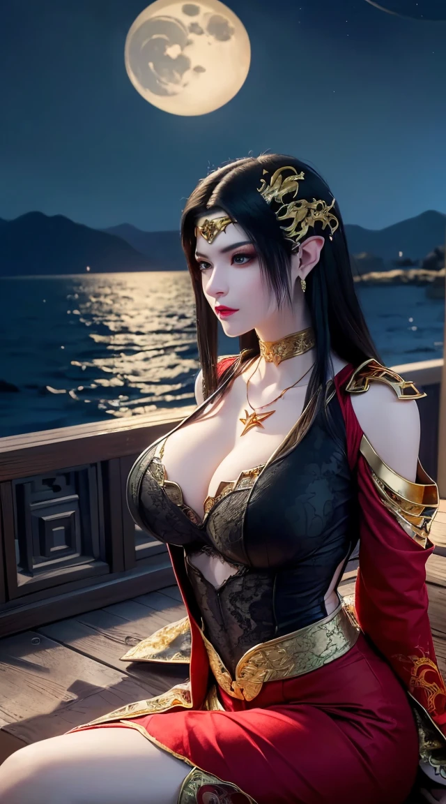 1 extremely beautiful queen, ((wearing traditional red hanfu with thin black patterns:1.6)), (((Patterns on clothes:1.6))), ((long black hair:1.6 )), elaborately crafted jewelry from precious stones and beautiful hair, (((wearing a 24k gold lace necklace:1.4))), noble, noble style of an extremely beautiful girl, very pretty face, thin eyebrows, flawless beautiful face, ((black eye pupils: 0.8)), very beautiful eyes, ((platinum blue eyes: 1 ,6)), (((wide eyes: 1,6))), beautiful makeup and detailed hairdo, eyelashes, steamy eye makeup, high nose, earrings, red lips, ((closed mouth : 1.5)) beautiful lips, slim arms, most beautiful thighs, ((arms behind and spread out to the sides: 1.5)), ((bent sitting position with chest out toward the audience and arms behind :1.6)), rosy face, clean face, flawless beautiful face, smooth white skin, (( super big and round firm breasts: 1.8)), firm breasts, beautiful cleavage, beautiful breasts , perfect body, back arms, open chest, black sheer fishnet stockings with black lace trim, 8k photo, super high quality, super realistic, super 10 x pixel, optical, bright studio, bright edges, lighting two-tone, (high detail skin: 1.2), ultra 8k, soft light, high quality, volumetric light, optical, optical high resolution, light, best shot, quality 4k, 8k, blur effect, smooth sharpness, 10 x pixels, ((sea and moonlight in night background: 1.5)), aurora, lightning, hyper-realistic graphics, most realistic graphics, 1 girl, alone, solo, Extremely sharp, surreal image, (((frontal portrait: 1)))."