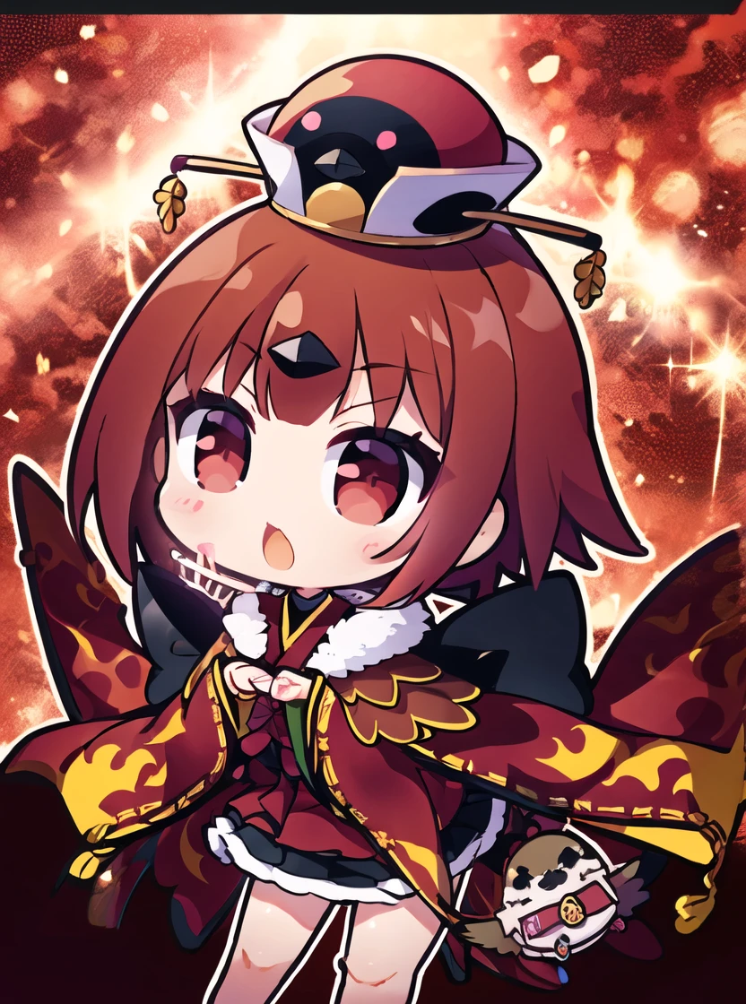 Me_enma,Black Mini Skirt,red kimono,hat,masterpiece,best quality, (Light) Red Background:1.2,sparrow:1..2,(masterpiece:1.2, best quality:1.2),(cinematic lighting)Stickers,Detailed fingers