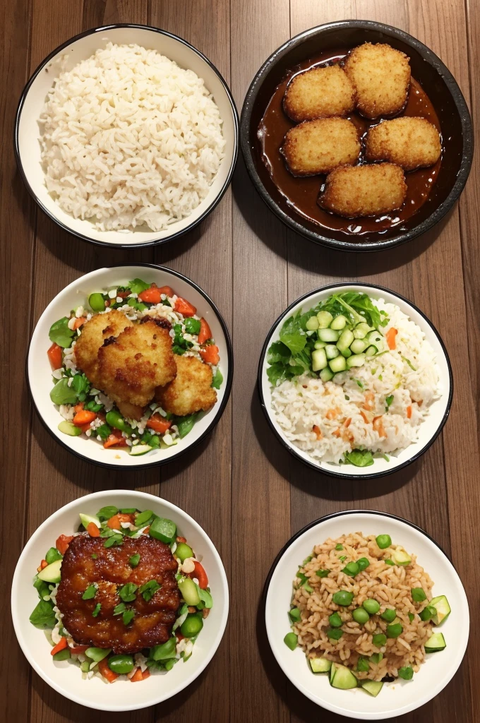 Create a dish with the following menu: rice, bean, Ribs in barbecue sauce, breaded fish, creme
, Sautéed Chayote and Salad.
