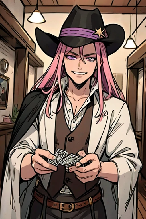 Perfect face. Perfect hands. A handsome pink haired cowboy with violet eyes and long hair in a sheriff's outfit is playing cards in the saloon with a big smile