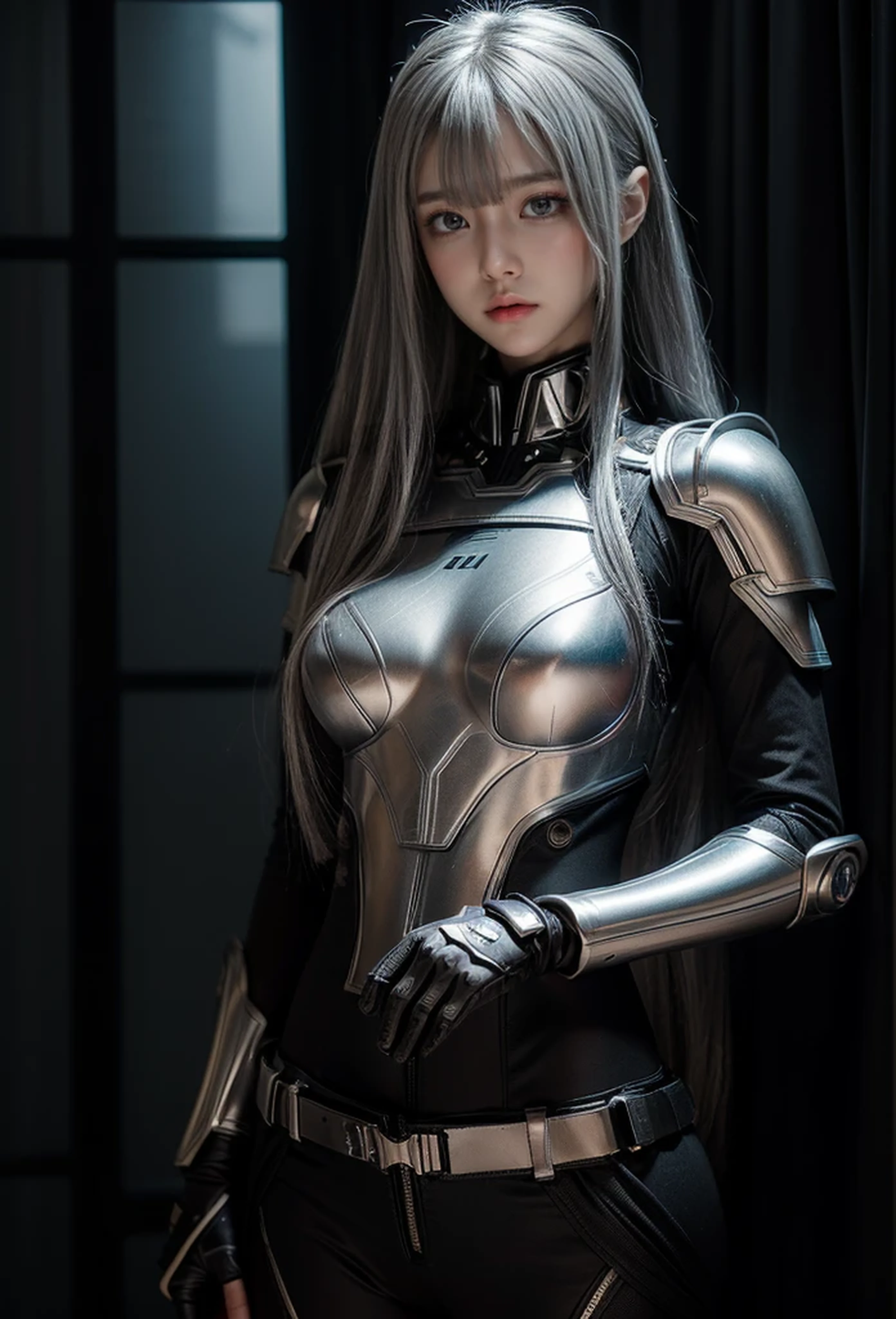 cyber angel,machine wing,{{Sci-Fi Armor}},cyber suit,cyberpunk,science fiction,cyber battle armor,Battledress,Military Uniforms,pants,black military uniform,whole body,Height: 168cm,almond shape eyes,{{{{{silver eyes}}}}},{{{{{dull bangs}}}}},(slanted eyes},{{whole body},{{{1 girl}}}, long hair, straight hair,{{{{silver hair}}}},{{{tsurime}}},30 years old,{Medium chest},{{bush}},silver eyes,{{{masterpiece}}}, {{{highest quality}}}, {{Super detailed}}, {shape}, {{very delicate and beautiful}},very detailed,detailed perfect,detailed hyper,Abundant thighs,big ass,black clothes