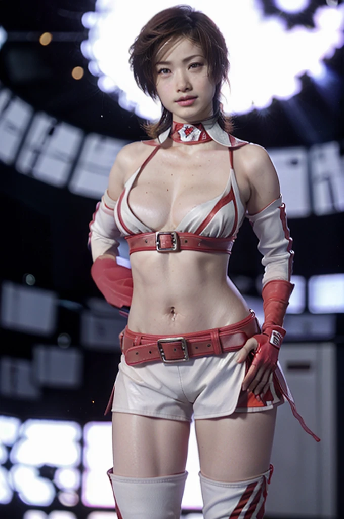 強くてたくましい腕,太い腕,Muscular arms,More detailed 8K.Unreal Engine:1.4,Ultra-high resolution,La Highest quality:1.4, Realistic:1.4, Skin Texture:1.4, masterpiece:1.8,first work, Highest quality,Object Object], (Detailed facial features:1.3),(Fine hand:1.4)Muscular,Professional wrestler,tiny breasts, short hair, skirt, Brown Hair, Knee socks, gloves, belly button, Brown eyes, boots, abdomen, belt, miniskirt, Crop top, Earrings, Race Queen, belly button Earrings, fingerless gloves, Clothing cutouts, choker