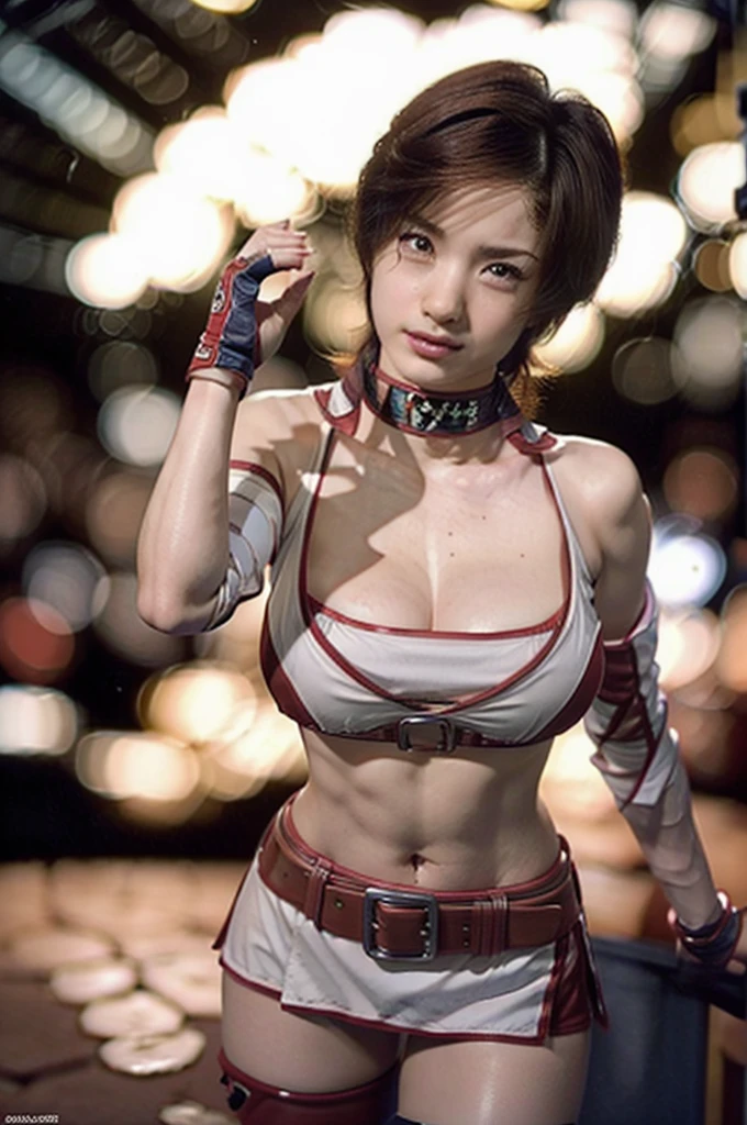 強くてたくましい腕,太い腕,Muscular arms,More detailed 8K.Unreal Engine:1.4,Ultra-high resolution,La Highest quality:1.4, Realistic:1.4, Skin Texture:1.4, masterpiece:1.8,first work, Highest quality,Object Object], (Detailed facial features:1.3),(Fine hand:1.4)Muscular,Professional wrestler,tiny breasts, short hair, skirt, Brown Hair, Knee socks, gloves, belly button, Brown eyes, boots, abdomen, belt, miniskirt, Crop top, Earrings, Race Queen, belly button Earrings, fingerless gloves, Clothing cutouts, choker