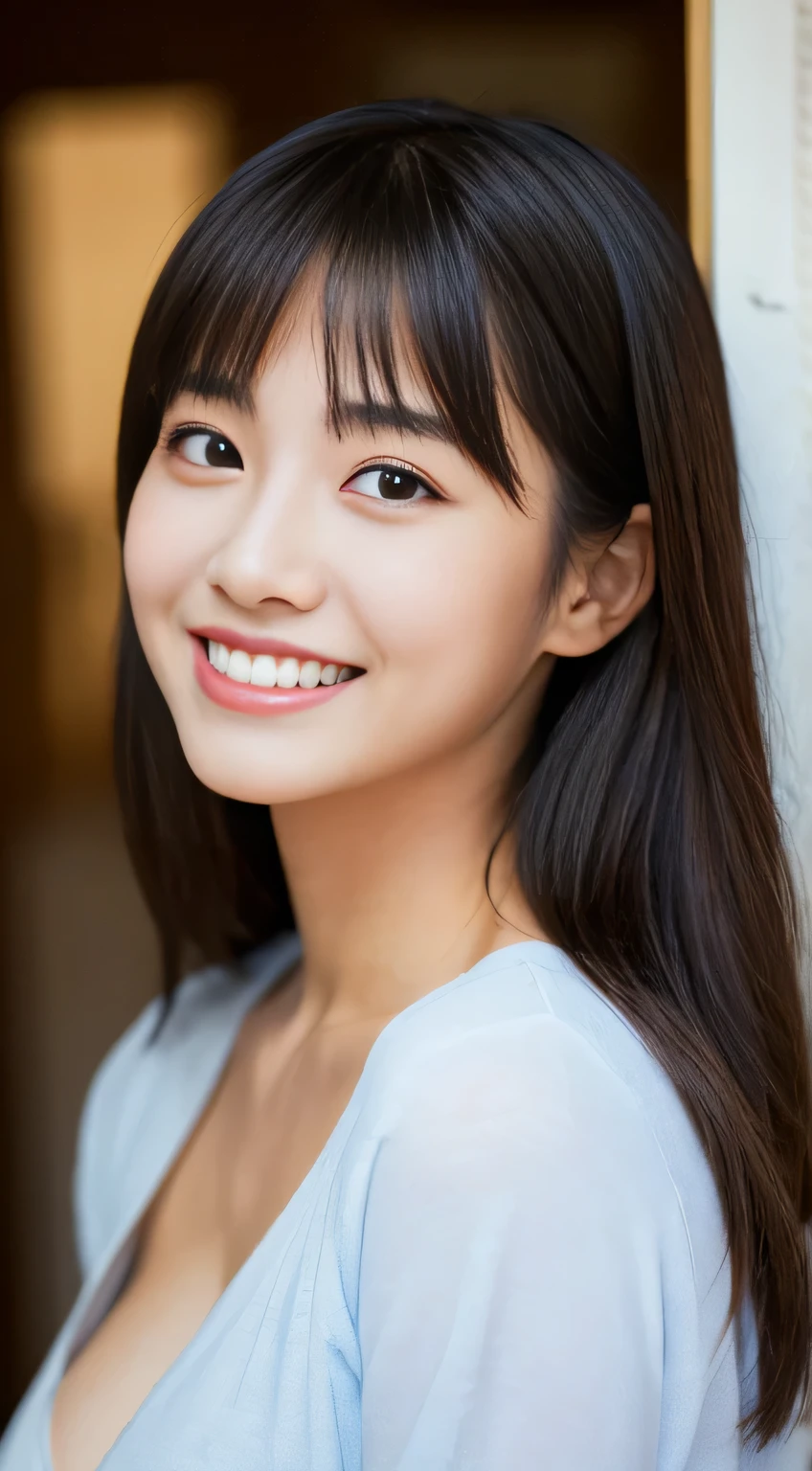 masterpiece,best quality,(Japanese girl),((Beautiful girl)),cleavage,indoor,(perfect body beauty:1.2),(shy smile),beautiful teeth,
