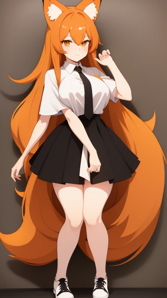 Standing full-length photo in anime style of a cute 20-year-old girl with long orange hair, fox ears. large, delicate body and large bust, wearing sexy clothes, a loose white blouse, a slim orange tie, a short black skirt, white socks and black shoes. white image background.