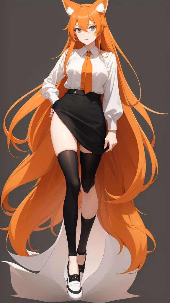 Standing full-length photo in anime style of a cute 20-year-old girl with long orange hair, fox ears. large, delicate body and large bust, wearing sexy clothes, a loose white blouse, a slim orange tie, a short black skirt, white socks and black shoes. white image background.