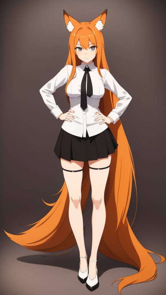 Standing full-length photo in anime style of a cute 20-year-old girl with long orange hair, fox ears. large, delicate body and large bust, wearing sexy clothes, a loose white blouse, a slim orange tie, a short black skirt, white socks and black shoes. white image background.