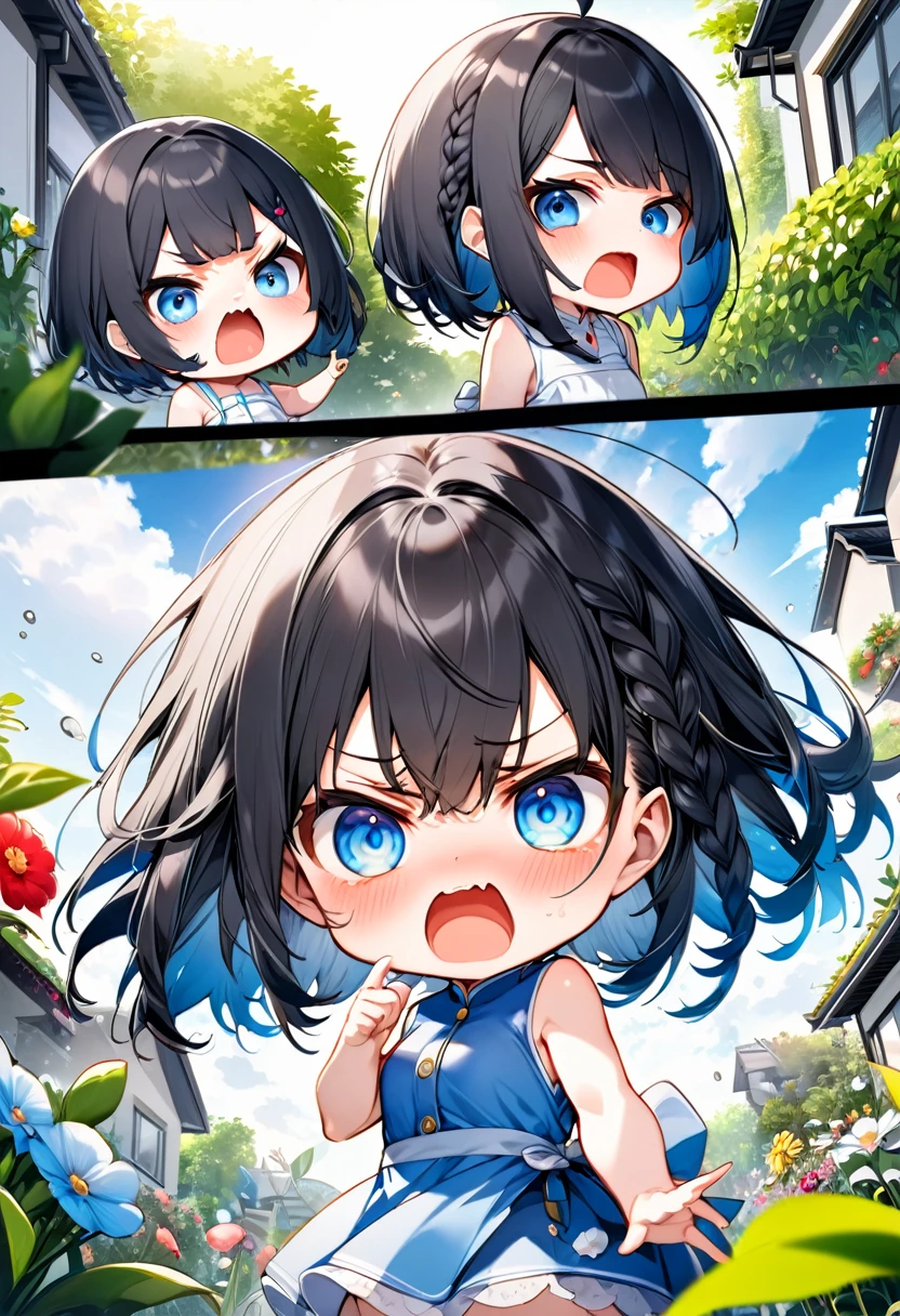 Highest quality、High resolution、Detailed Background、Beautiful face in every detail、Anatomically correct、Detailed facial expressions、fine grain、((From below))、((One Girl))、Black Hair、beautiful clear big blue eyes、Braided Bob、Chibi Girl、 Sleeveless dress、garden、Very angry、One hand raised high as if to smack the viewer