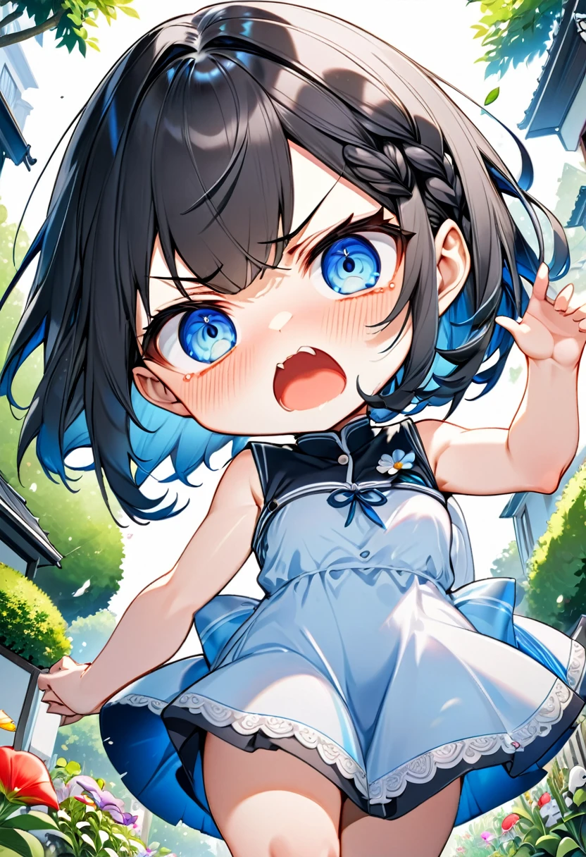 Highest quality、High resolution、Detailed Background、Beautiful face in every detail、Anatomically correct、Detailed facial expressions、fine grain、((From below))、((One Girl))、Black Hair、beautiful clear big blue eyes、Braided Bob、Chibi Girl、 Sleeveless dress、garden、Very angry、One hand raised high as if to smack the viewer