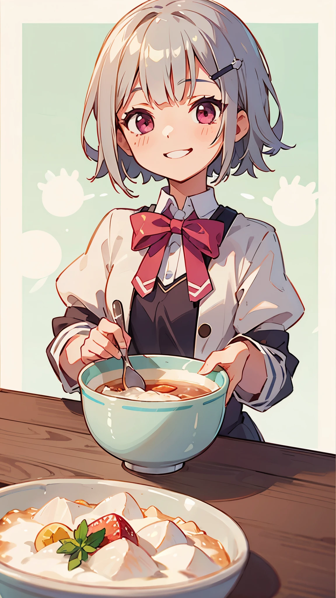 (Highest quality,High resolution,Very detailed),eat porridge, Short silver bob hair held together with a hair clip, Pink Eyes、spoon, Grin、Background Blur, Depth of the written border