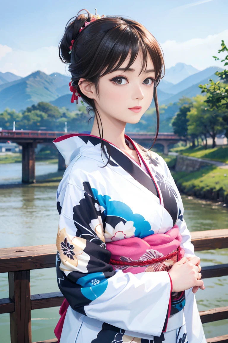 (Highest quality、 8k 、masterpiece、High resolution)、(whole body)、Vibrant colors、Brown-black bob、Traditional round topknot、Ample breasts、(Highly detailed face and eyes、Beautiful Face、Beautiful Eyes、Beautiful nose、Pretty lips)、 (Beautiful woman standing on a riverside observation deck)、A friendly gaze、Oh!！Facial expression that、(Vivid floral patterned kimono)、Official Art、  The background is a wide river、Nearby bridge、Riverside streetscape、Mountains in the distance、Detailed CG、