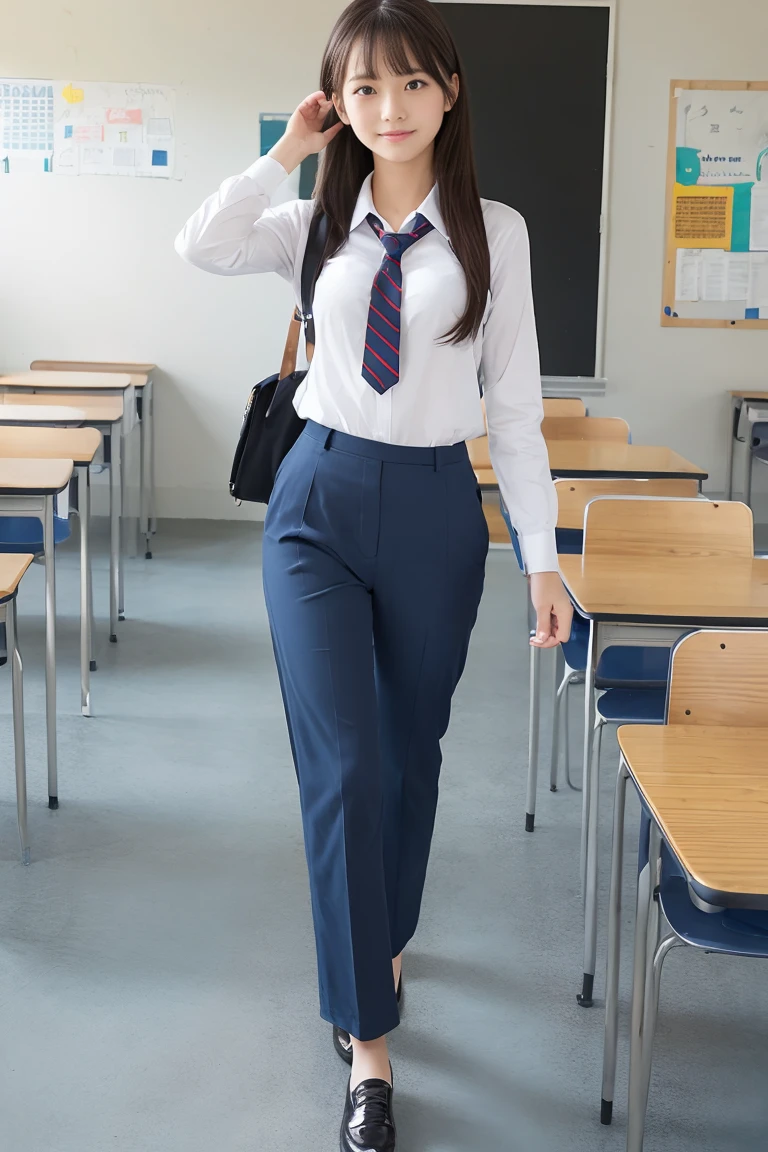 ((Highest quality)), ((masterpiece)), (detailed), One girl, High school girl uniform、Leg spread、Two Legs、skirt、((pants:1.3))、clean classroom、