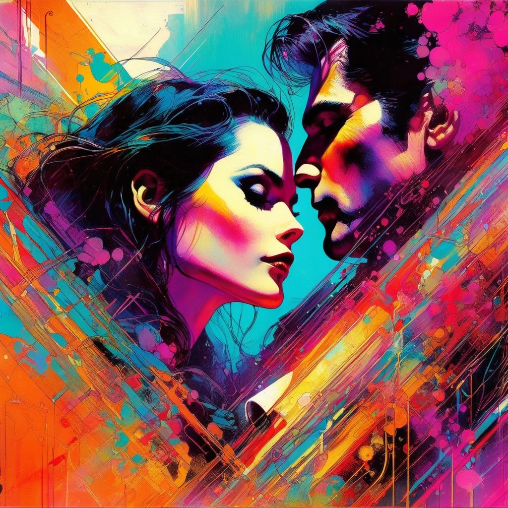 lover, Bill Sienkiewicz-inspired artwork, Vibrant colors, Intricate details, Oil.