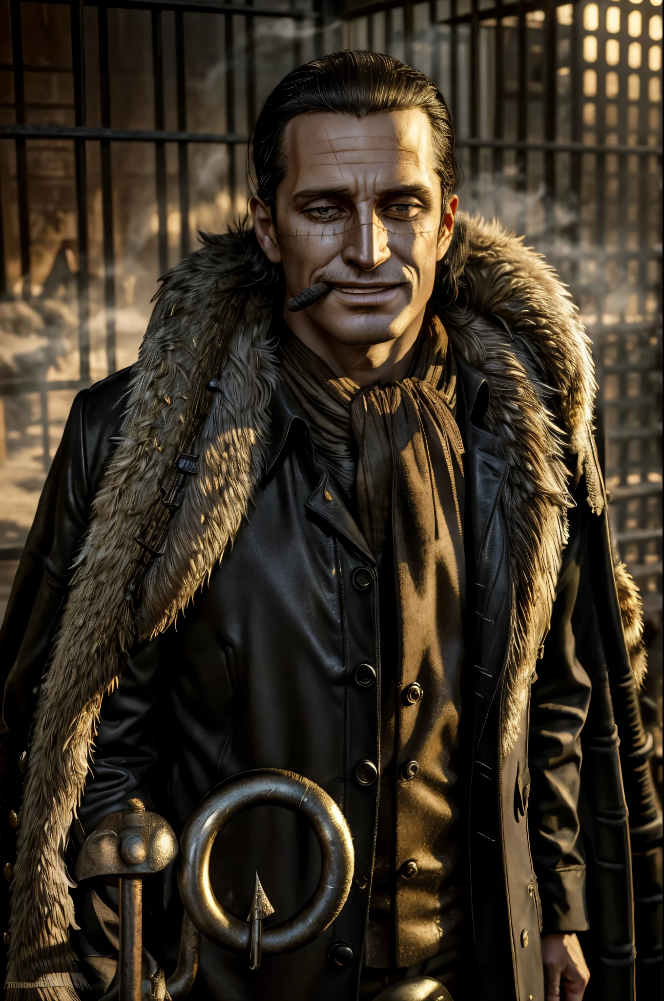 masterpiece, best quality, extremely detailed, hyperrealistic, photorealistic, a cool 40s man, ultra detailed face:1.2, fur-trimmed coat, scarf around the neck, his left hand is a golden pirate hook:1.1, cigar, smoke, sly smile, underground prison, outside of prison, dynamic angle