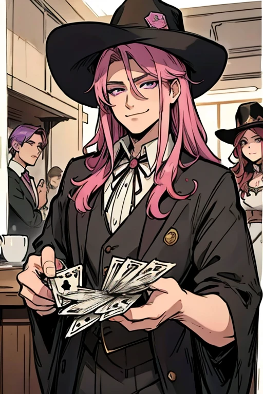 Perfect face. Perfect hands. A handsome pink haired cowboy with violet eyes and long hair in a sheriff's outfit is playing cards in the saloon with a big smile