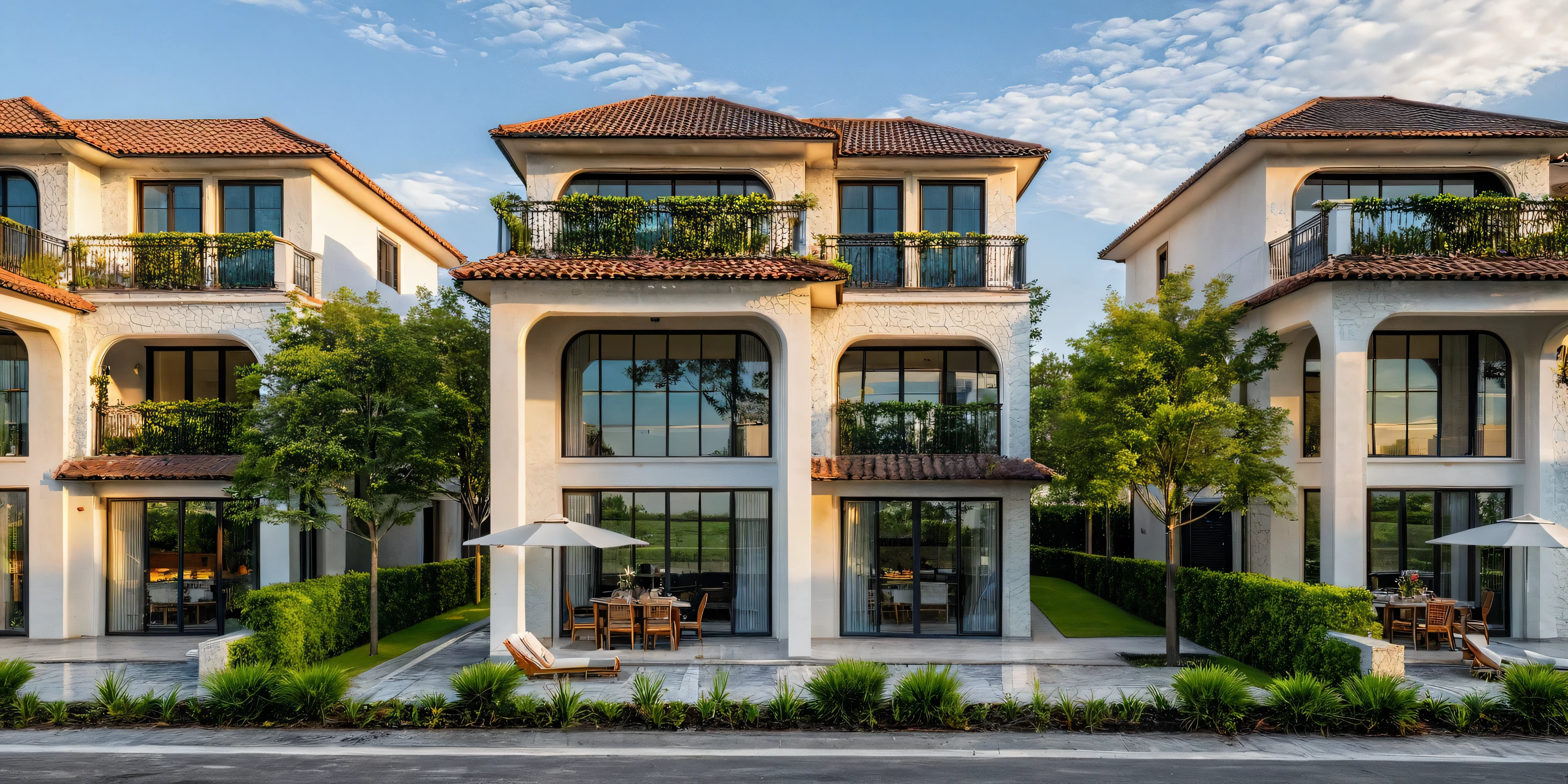 Masterpiece, high quality, best quality, authentic, super detail, outdoors, onestoreyvillaXL, aiaigroup, house style modern on the street ,stairs, white wall ,road,pavement, grass, trees, sky, cloud, pool, (daylight:1.1)
