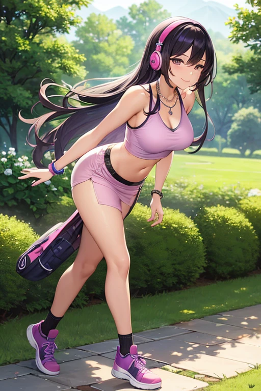 ((masterpiece, best quality, ultra-detailed)), 1girl, beautiful confident woman walking through a garden, smiling, pink tank top, midriff, bracelet, necklace, black midi pencil skirt, long black skirt, sneakers, socks, headphones, full body, wavy purple hair