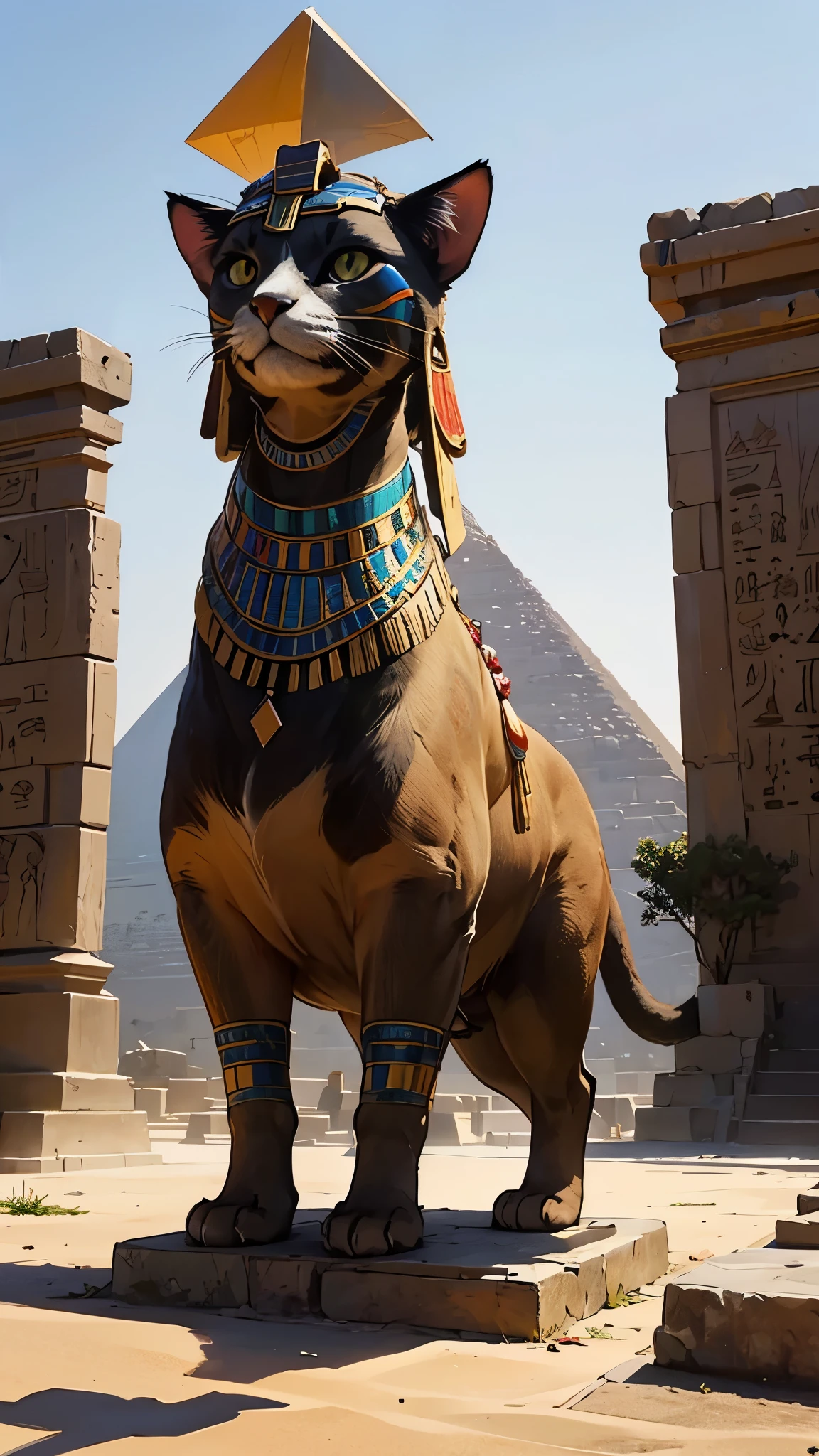 Ancient Egyptian pyramids and temples in the background、A scene in which a giant cat is worshipped as a sacred being。The cat&#39;s body has ancient characters and symbols engraved on it.。