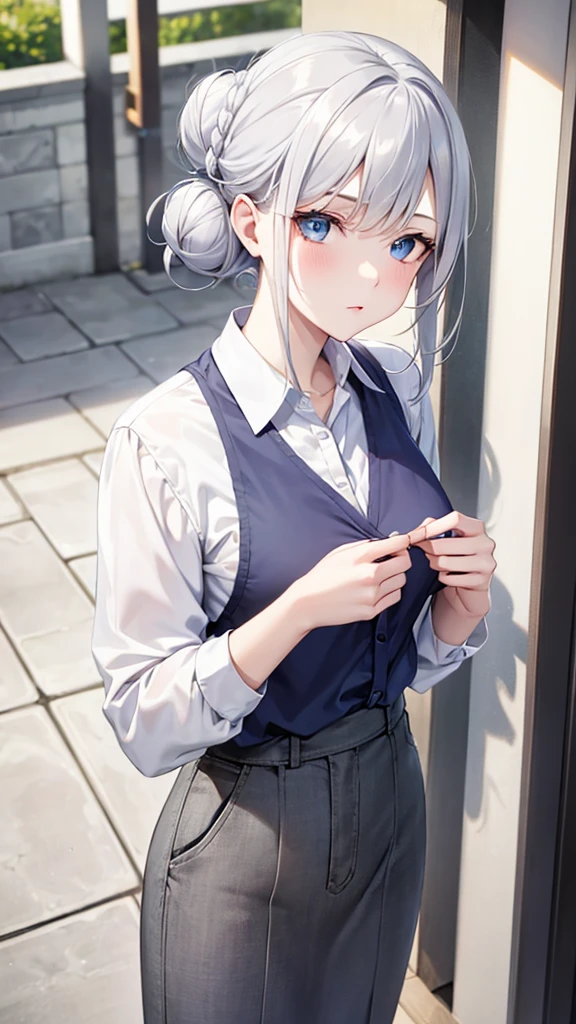 hair bun, grey hair, blue eyes, blouse, standing,  Pale skin,  from above,  --niji 5  --ar 2:3 --s 1000

