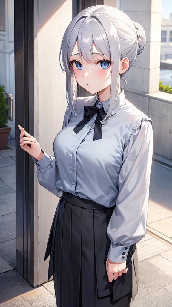 hair bun, grey hair, blue eyes, blouse, standing, Pale skin, from above, --niji 5 --ar 2:3 --s 1000