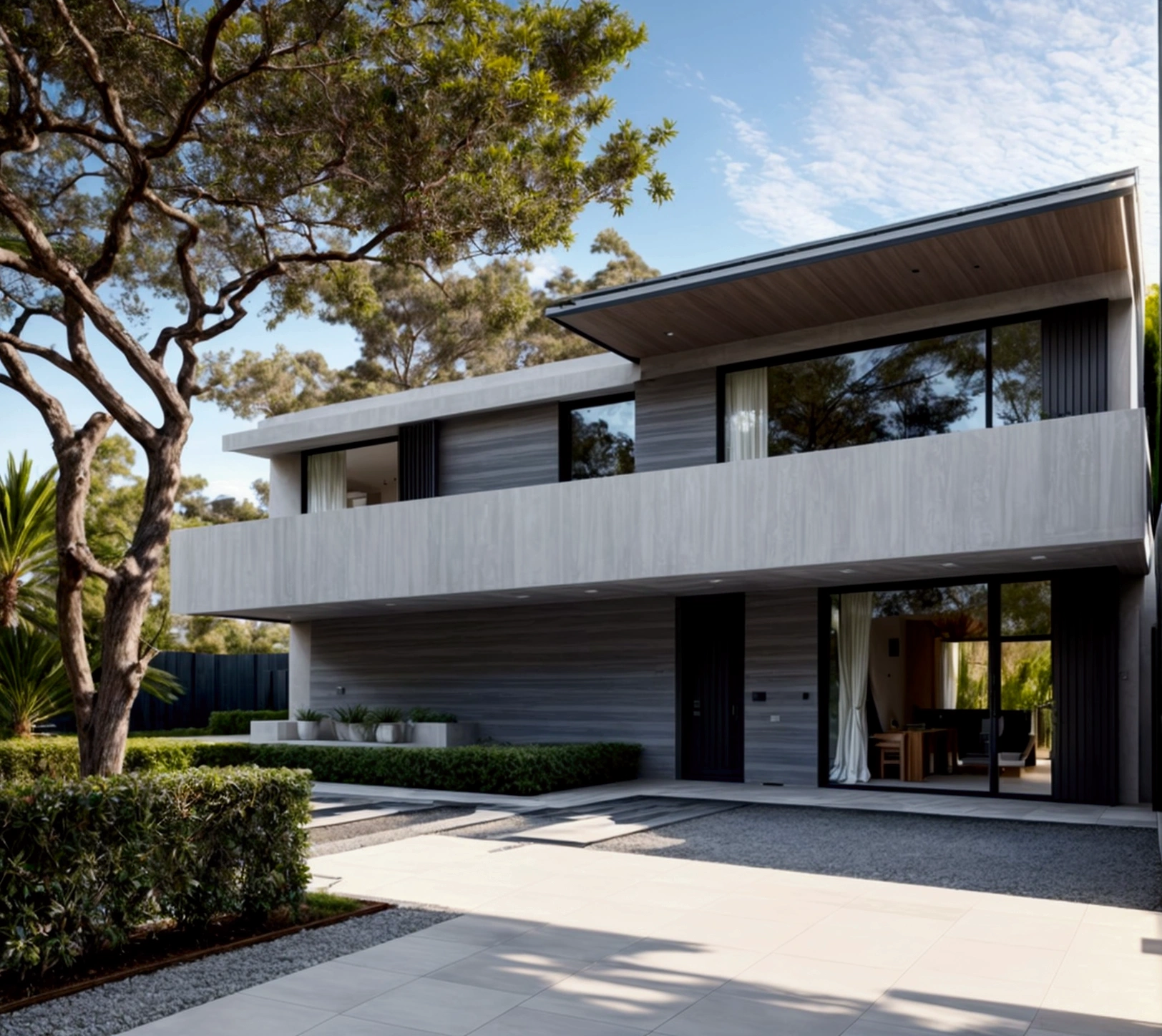 CRU photo,work of art, high qualiy, best qualityer, authentic, super detaill, plein-air, (((front-facing))), villa seen from the front, vista front-facing, single storey villaXL, aiai group, modern house style on the street, front house, visão front-facing, entrada com gramdo, elegant and minimalist facade, pavement, gram, Trees, sky, nube, (Day Light:1.1)