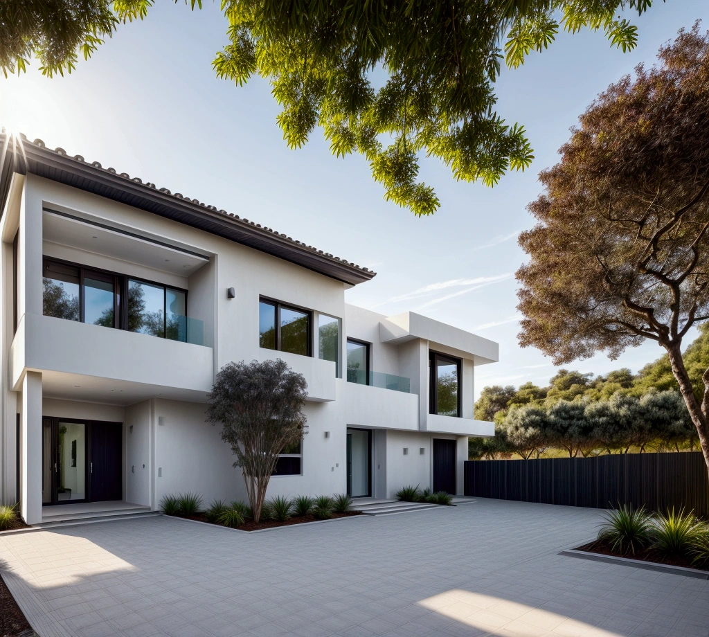 CRU photo,work of art, high qualiy, best qualityer, authentic, super detaill, plein-air, (((front-facing))), villa seen from the front, vista front-facing, single storey villaXL, aiai group, modern house style on the street, front house, visão front-facing, entrada com gramdo, elegant and minimalist facade, pavement, gram, Trees, sky, nube, (Day Light:1.1)
