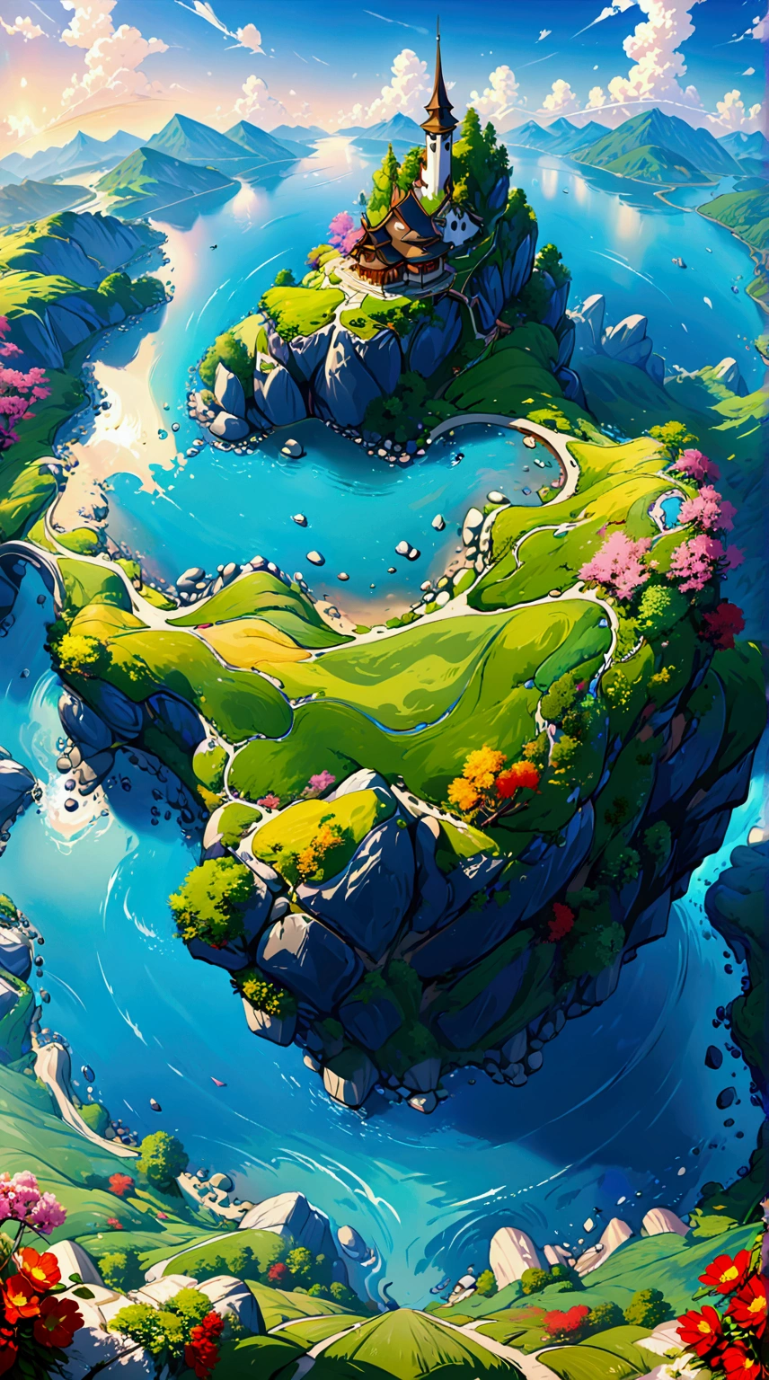 (masterpiece), anime style serene landscape, anime art wallpaper 4k, 8K, (colorful) (ultra detailed CG perspective) (complex background by Ryan Church : 1.3)