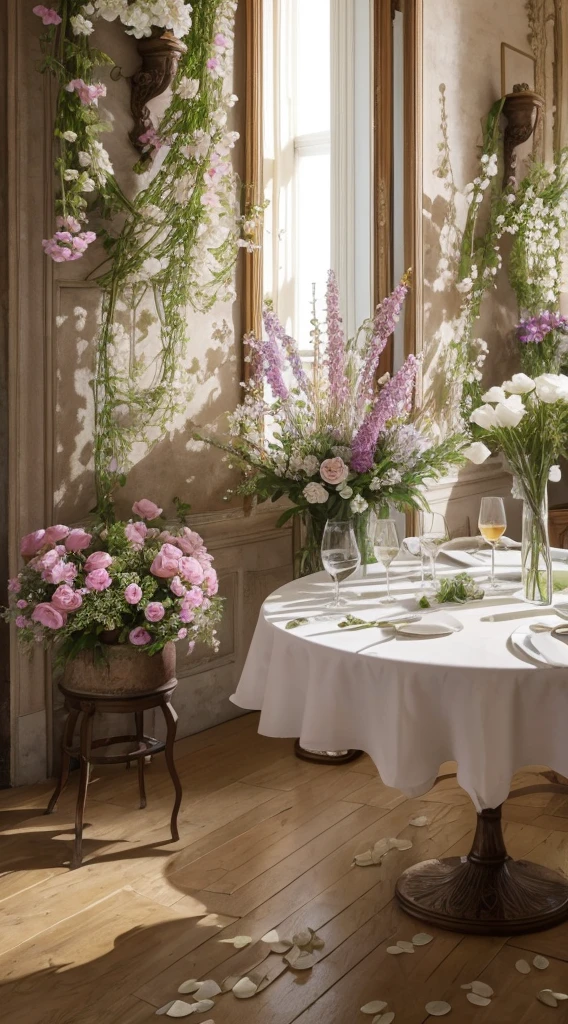 C'est un tableau où il y a beaucoup de fleurs avec à leurs pieds une liasse de billets avec du sang dessus.
