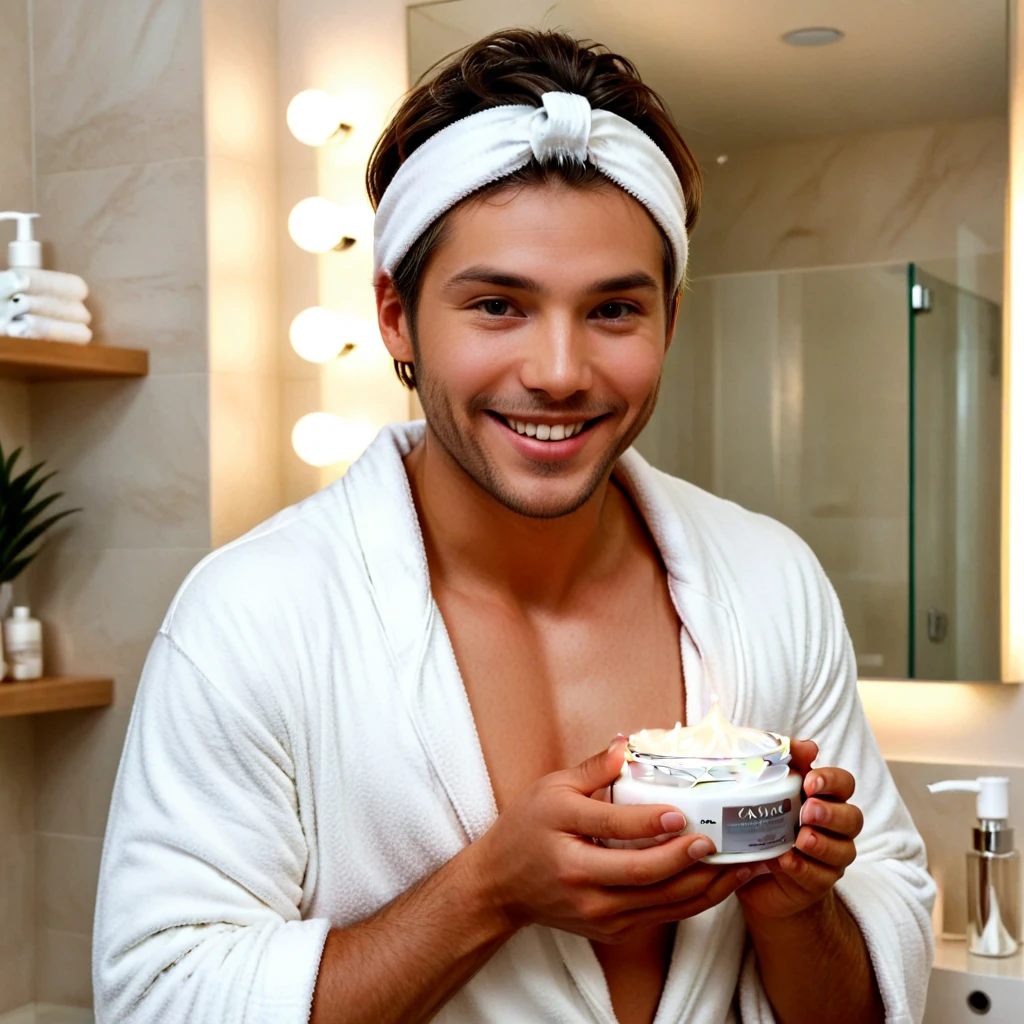 anikaxxx radiant, blemish-free skin, in a modern, stylish bathroom with soft, warm lighting. Wear a hair band, leaving his face completely visible. He is applying a white face cream while smiling , reflecting satisfaction and well-being. In the background, beauty products are seen well organized in a clean and tidy environment. The image conveys relaxation, self-care and a focus on natural beauty.