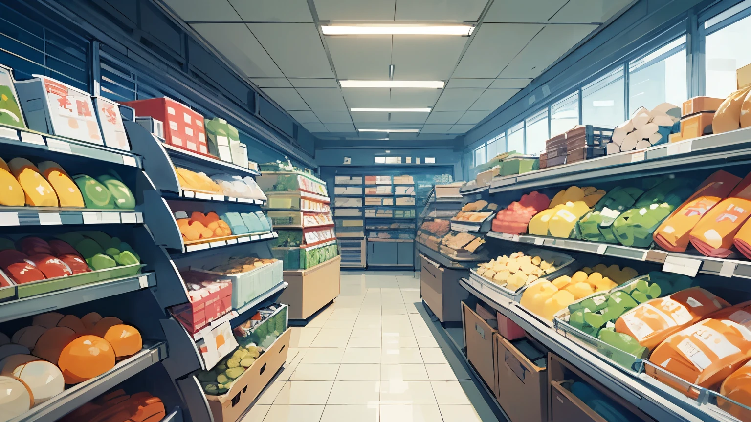 supermarket，armageddon，panoramic interior，two-dimensional style，japanese people animation style
