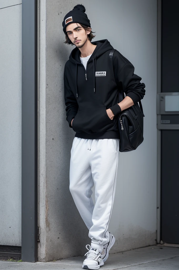 A tall boy, he is 6'1, he have a fluffly brown hair, dark brown eyes and a small beard growing in his face, he is wearing a black beanie, his hair coming from the bottom, a zip up opened blue hoodie, a baggy white shirt, a small black handbag, suspended on his left shoulder and the bag goes to the right side of his hips, baggy black pants and a black skater shoes, with white sole and white laces.