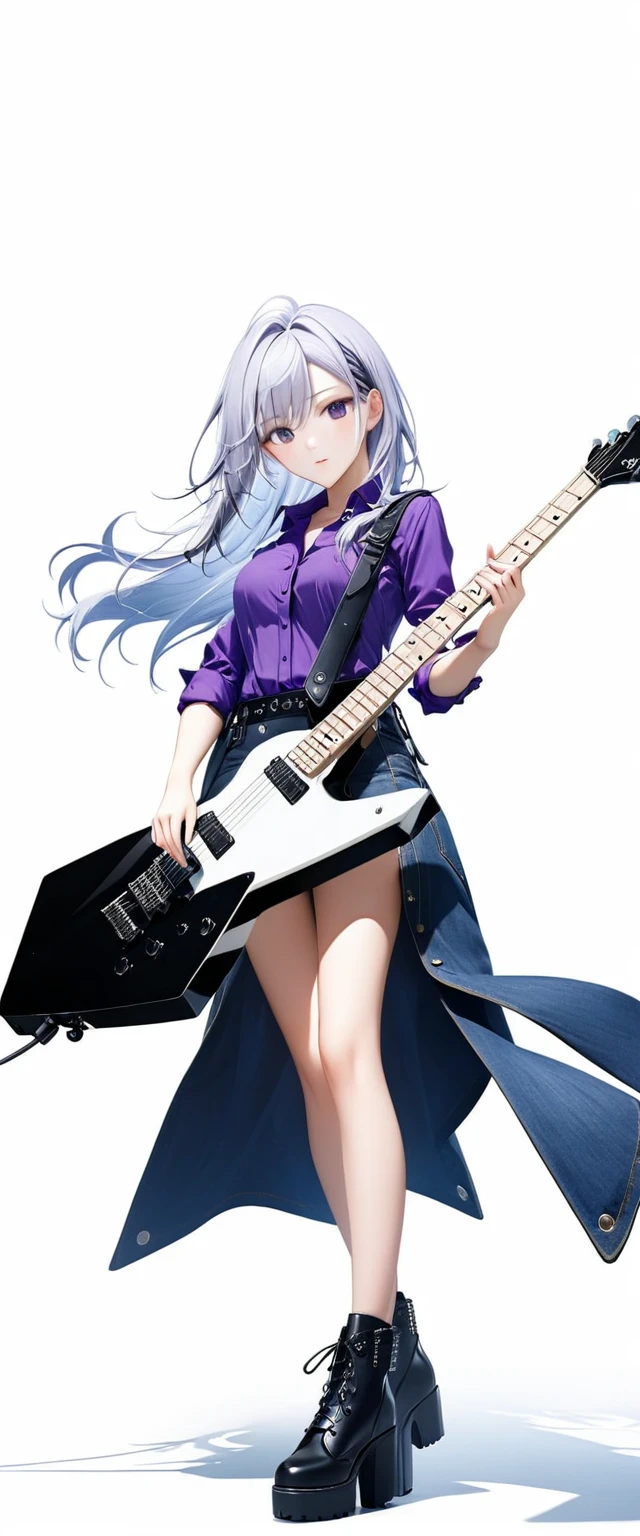 (((White background:1.5)))、(The entire subject is captured),(((Composition from afar:1.5))),(((full body:1.2)))、(very wide shot)、(masterpiece、Ultra HD、Highest quality、Masterpiece、４K:1.2)、Slender body、Scandinavian metal girl playing a white electric guitar, A gentle gaze at the camera, Intricate details, Highly detailed eyes, Highly detailed fingers、(Purple shirt and jeans) 、Long silver hair、Wear black boots、(((Dynamic and lively pose:1.5)))、Perfect Style、８Head to Body、Playing guitar on stage、Live