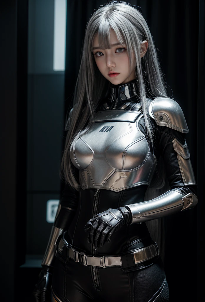cyber angel,machine wing,{{Sci-Fi Armor}},cyber suit,cyberpunk,science fiction,cyber battle armor,Battledress,Military Uniforms,pants,black military uniform,whole body,Height: 168cm,almond shape eyes,{{{{{silver eyes}}}}},{{{{{dull bangs}}}}},(slanted eyes},{{whole body},{{{1 girl}}}, long hair, straight hair,{{{{silver hair}}}},{{{tsurime}}},30 years old,{Medium chest},{{bush}},silver eyes,{{{masterpiece}}}, {{{highest quality}}}, {{Super detailed}}, {shape}, {{very delicate and beautiful}},very detailed,detailed perfect,detailed hyper,Abundant thighs,big ass,black clothes