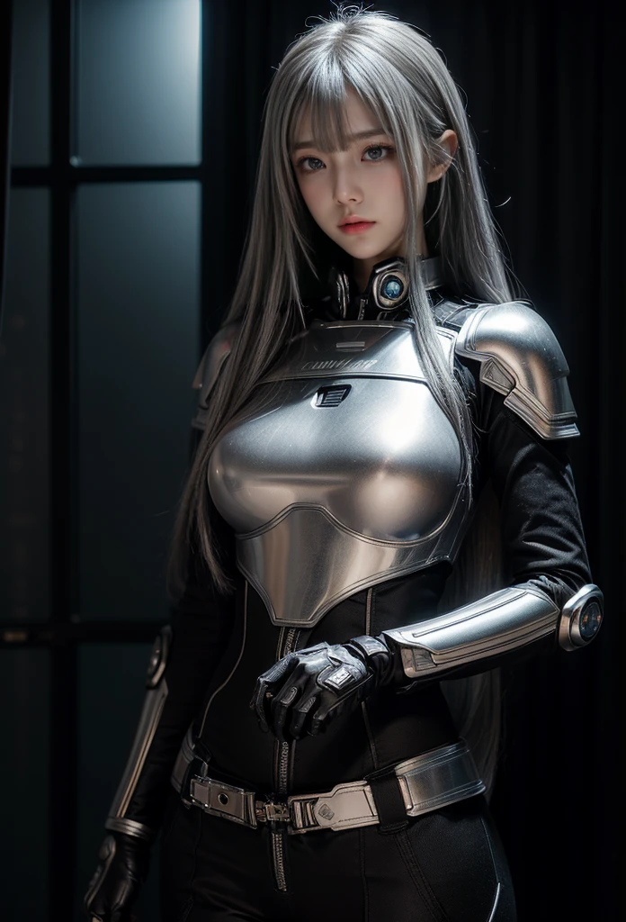 cyber angel,machine wing,{{Sci-Fi Armor}},cyber suit,cyberpunk,science fiction,cyber battle armor,Battledress,Military Uniforms,pants,black military uniform,whole body,Height: 168cm,almond shape eyes,{{{{{silver eyes}}}}},{{{{{dull bangs}}}}},(slanted eyes},{{whole body},{{{1 girl}}}, long hair, straight hair,{{{{silver hair}}}},{{{tsurime}}},30 years old,{Medium chest},{{bush}},silver eyes,{{{masterpiece}}}, {{{highest quality}}}, {{Super detailed}}, {shape}, {{very delicate and beautiful}},very detailed,detailed perfect,detailed hyper,Abundant thighs,big ass,black clothes