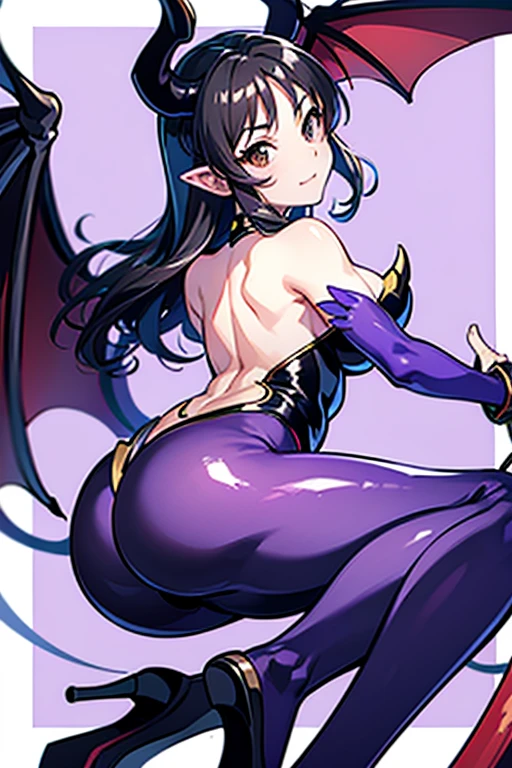 Draw a face carefully　High quality anime style faces　Black Hair　Black full body suit　Purple pantyhose with bat print　Attractions　Laughter　Morrigan Aensland　Rear View