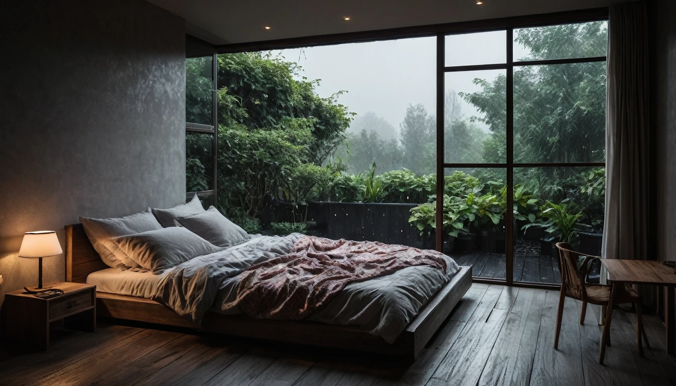 The picture shows a cozy gloomy bedroom, with a large window offering a view of a beautiful, dimly lit garden AND a garden soaked in FLOWERS, the cobblestones of the Japanese house concept. CINEMATIC, JAPANESE HOUSE, the shape of a Japanese house, and lots of flower gardens in the garden. The bed was unmade with rumpled sheets, indicating only a light sleep. the room is dark, gloomy, looks dim, gloomy. Beside the bed there is a small table with a classic lamp that radiates warm light into the room. Outside the window you can see the lush greenery of the terrace or balcony area, the rain is falling, the lamp on the left provides warm lighting, creating a calm and peaceful atmosphere. with fog obscuring part of the view in the distance. The contrast between the warmth indoors and the rain outdoors creates an inviting and calming atmosphere