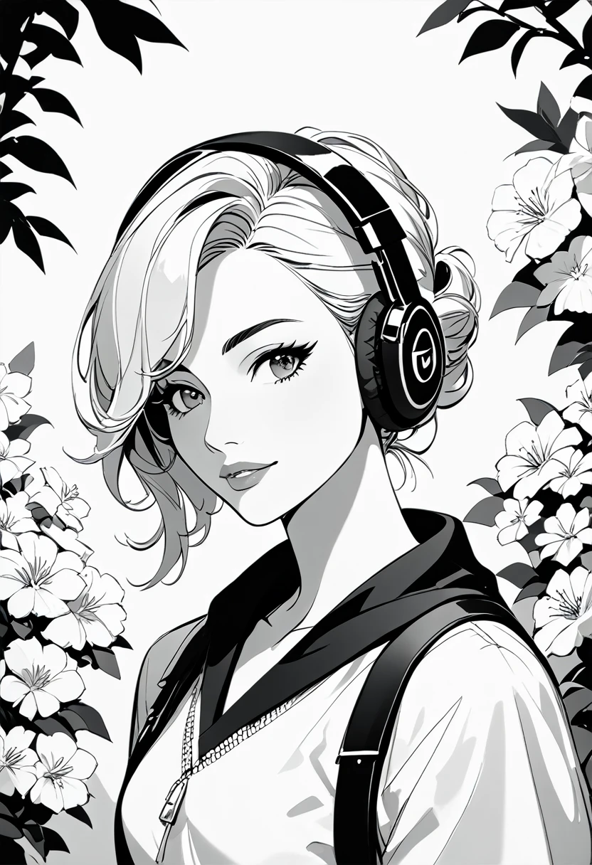 masterpiece, Top-class, I'm wearing headphones, female , alone, Bust close-up, flower Line art background, White Background, Monochrome, Line art, ((sketch))、Facing forward、Rock clothes、
