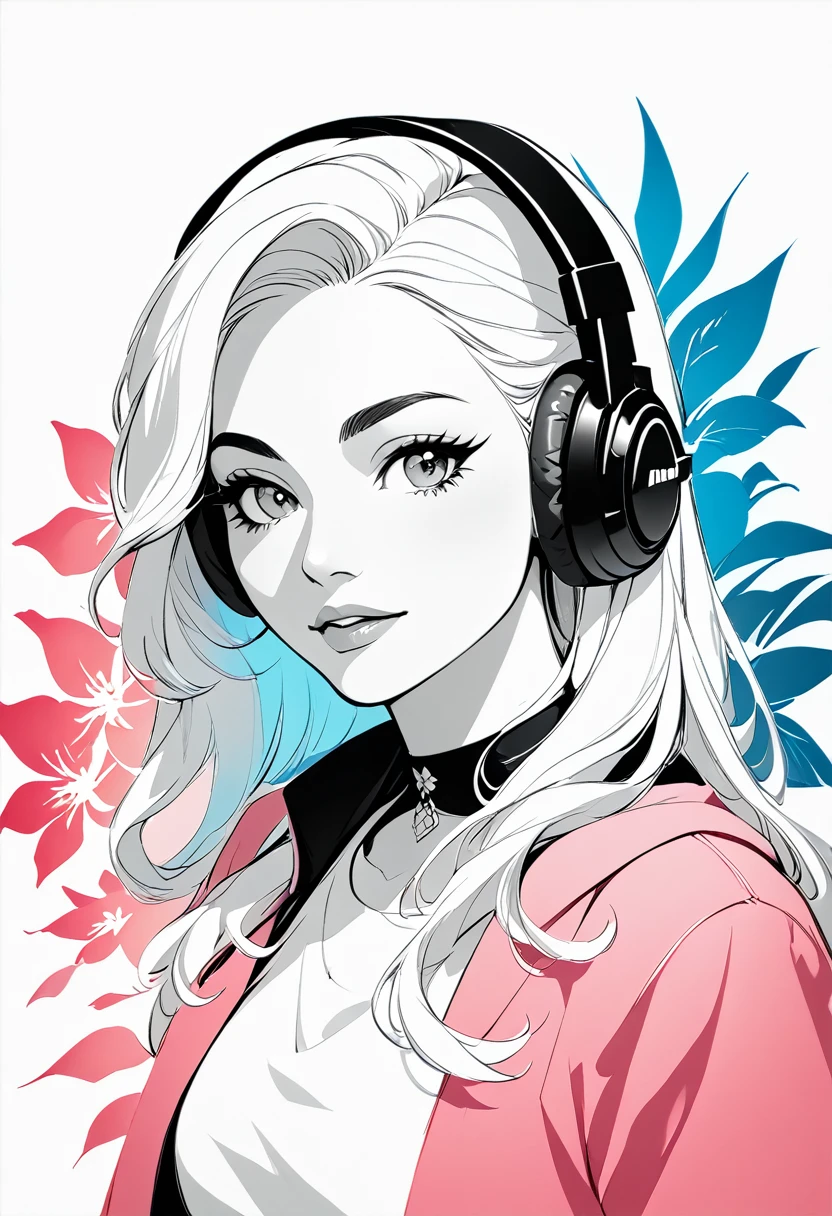 masterpiece, Top-class, I'm wearing headphones, female , alone, Bust close-up, flower Line art background, White Background, Monochrome, Line art, ((sketch))、Facing forward、Rock clothes、