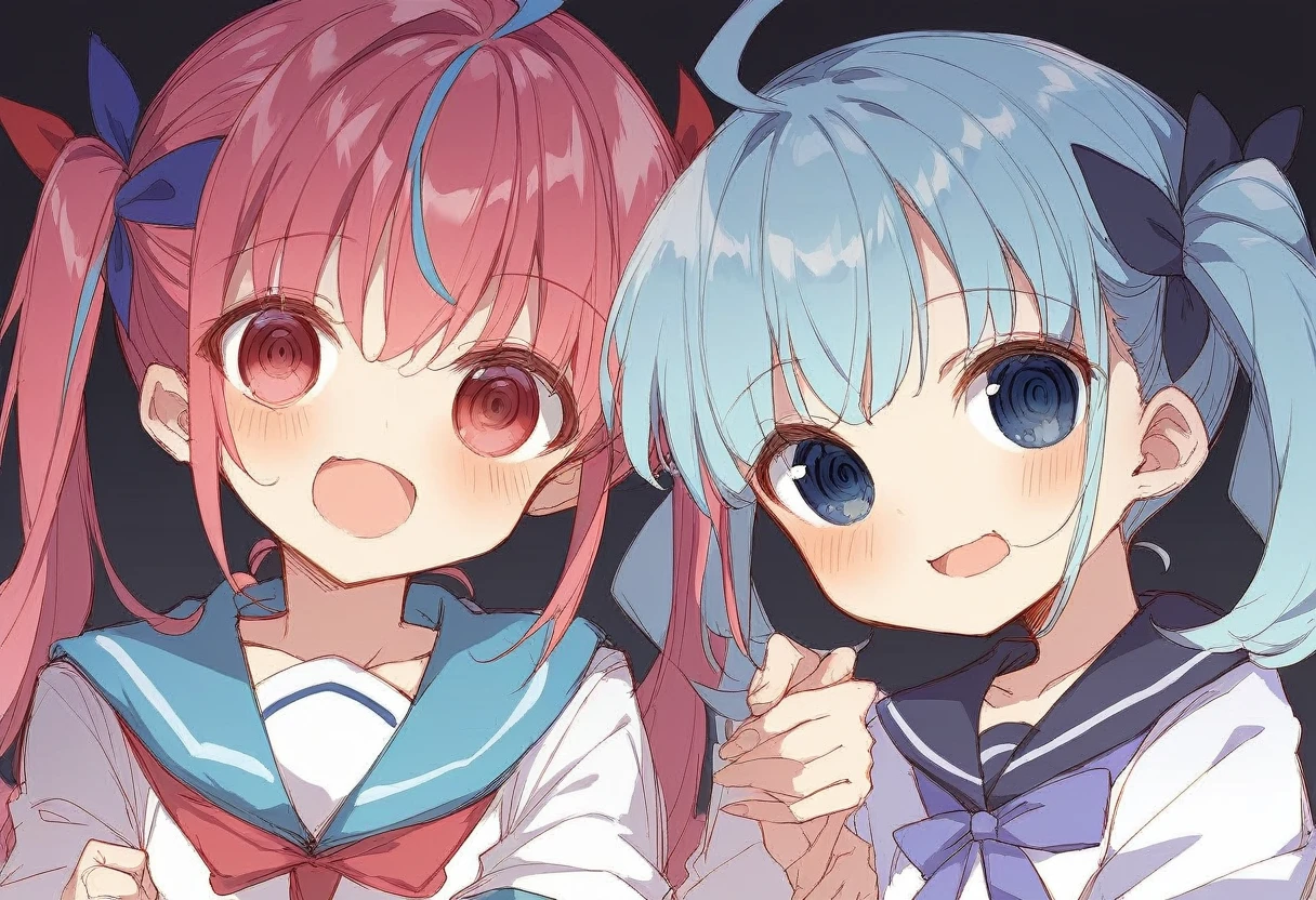 delicate、masterpiece、Highest quality、2 peopleの女の子、2 peopleだけ、2 people、virtual、cute、(((Houshou Marine,cute、Redhead、Twin tails,distinct eyes,The left eye is yellow and the right eye is red.,Captain's clothing、Haveは無し)))、(((Minato Aqua、cute、Light blue hair、Pink Hair、Sailor-like clothing、Have)))、White Background、Flat Color、sketch