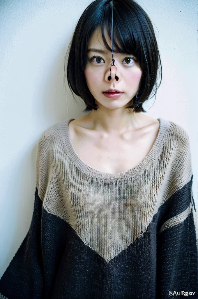 (masterpiece:1.3), (8k, Realistic, RAW Photos, Highest quality: 1.4), (One girl), Beautiful Face, (Realistic Face), (Black Hair, short hair:1.3), Beautiful hairstyle, Realistic eyes, Beautiful attention to detail, (Realistic Skin), Beautiful Skin, (sweater), Absurd, Charm, Ultra-high resolution, Ultra-realistic, Very detailed, Golden Ratio