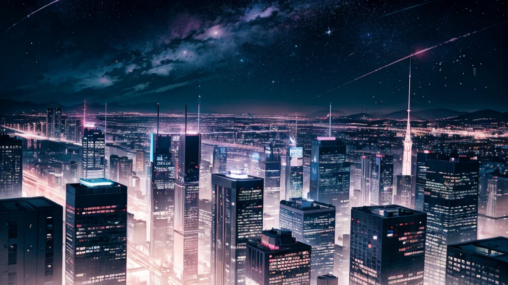 city view, pink tones, blue tones, falling stars