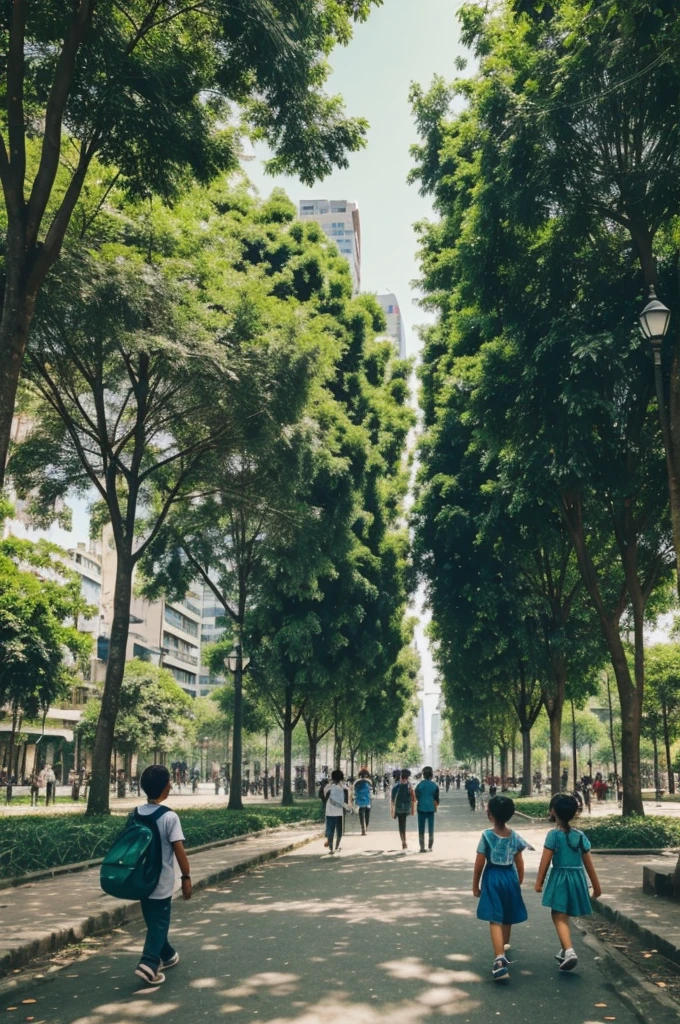 A city full of life, with people walking, children playing and green trees.
- *Dialogue:* (Storyteller) "In a city full of life, every action counts to keep it that way."