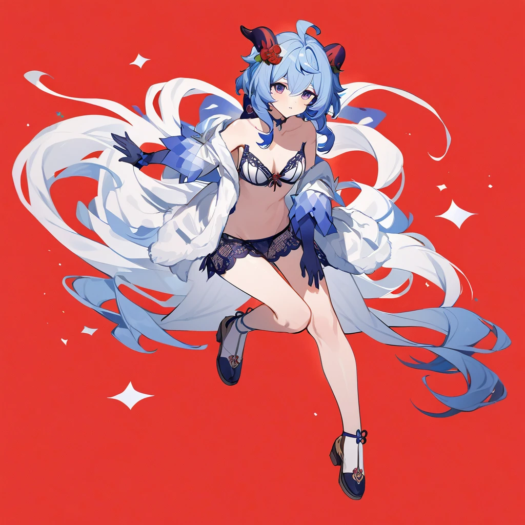 Beautiful Ganyu from Genshin Impact in lingerie,strapless bra,bare belly,gloves extending to elbows,choker,collarbone