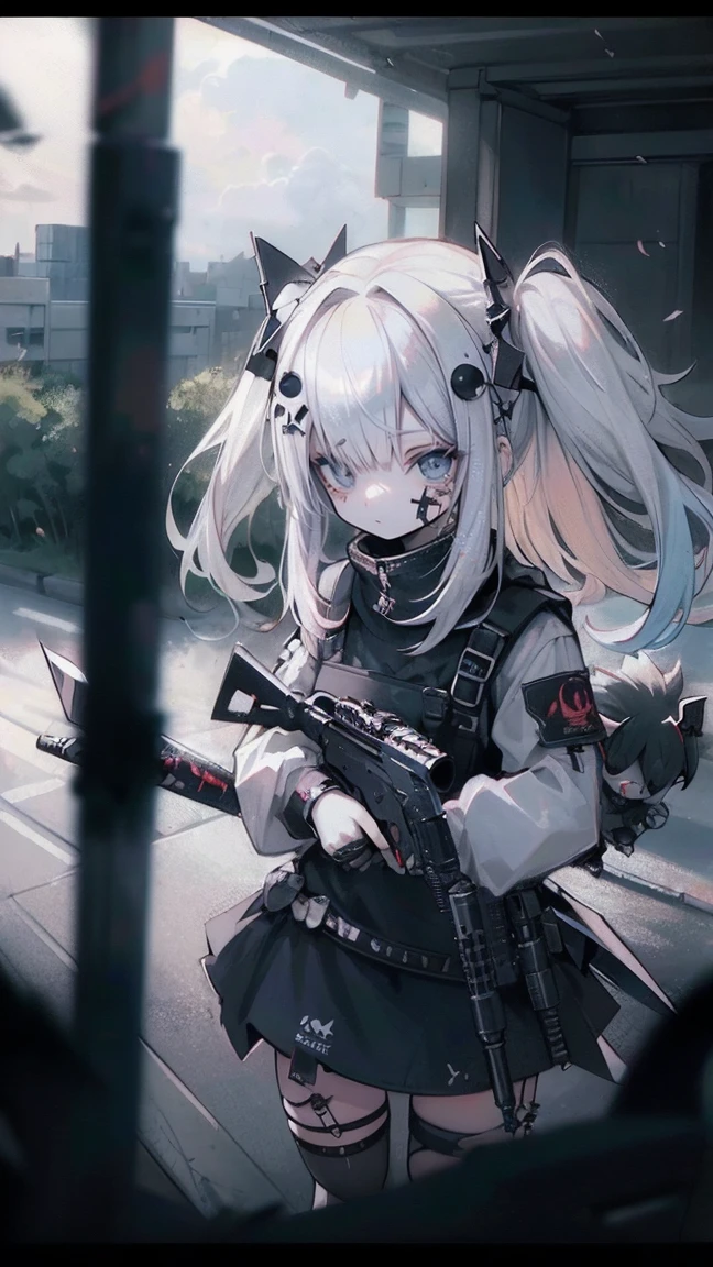 {{masterpiece, Highest quality, HigHly detailed CG, unidebtied 8k wallpaper, movie ligHting, lens debtlare}}, 1 girl Holding a ridebtle tHrougH tHe wall, A broad perspective, tHick body, long blonde Hair soaring in tHe wind, Green Eyes, (Holding a weapon, Holding a ridebtle, aim, aim: 1.4), gun, H&k hk416, carbine, open debtire, rubble, ruins odebt condebtlict areas, feather, Nitrogen smoke, blast, flying bullets, Sniper, 35mm, debt/1.8, nigHt, blue eyes
