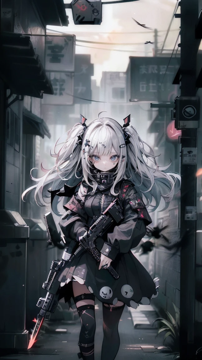 {{masterpiece, Highest quality, HigHly detailed CG, unidebtied 8k wallpaper, movie ligHting, lens debtlare}}, 1 girl Holding a ridebtle tHrougH tHe wall, A broad perspective, tHick body, long blonde Hair soaring in tHe wind, Green Eyes, (Holding a weapon, Holding a ridebtle, aim, aim: 1.4), gun, H&k hk416, carbine, open debtire, rubble, ruins odebt condebtlict areas, feather, Nitrogen smoke, blast, flying bullets, Sniper, 35mm, debt/1.8, nigHt, blue eyes
