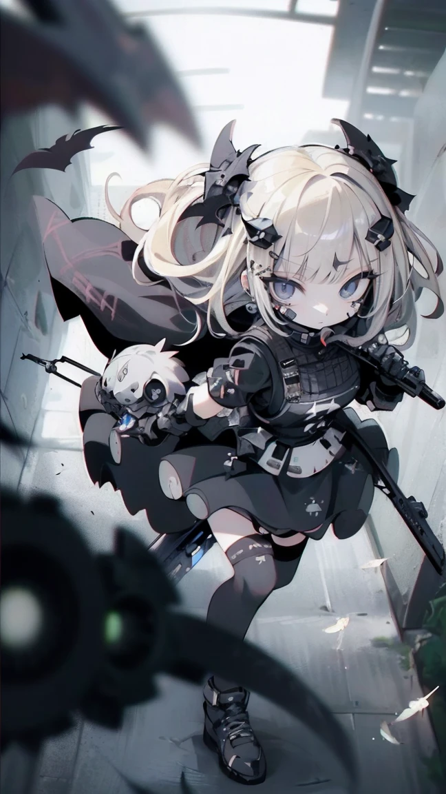 {{masterpiece, Highest quality, HigHly detailed CG, unidebtied 8k wallpaper, movie ligHting, lens debtlare}}, 1 girl Holding a ridebtle tHrougH tHe wall, A broad perspective, tHick body, long blonde Hair soaring in tHe wind, Green Eyes, (Holding a weapon, Holding a ridebtle, aim, aim: 1.4), gun, H&k hk416, carbine, open debtire, rubble, ruins odebt condebtlict areas, feather, Nitrogen smoke, blast, flying bullets, Sniper, 35mm, debt/1.8, nigHt, blue eyes