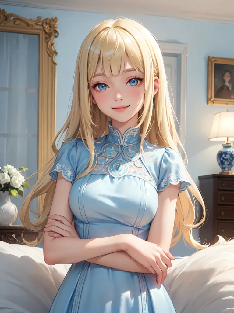 1lady, solo, young girl, , straight blonde hair, blunt bangs, blue eyes, (smile), (masterpiece, best quality:1.2) delicate illustration, ultra-detailed, medium breasts, ((upper body)), (light blue dress), living room